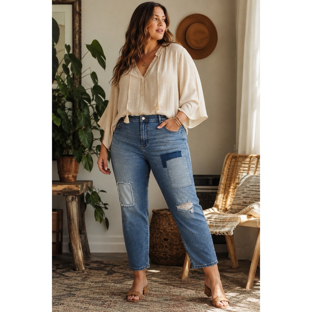Sonoma Women's 18 Girlfriend Jeans Patchwork Distressed Relaxed Fit Boho Denim